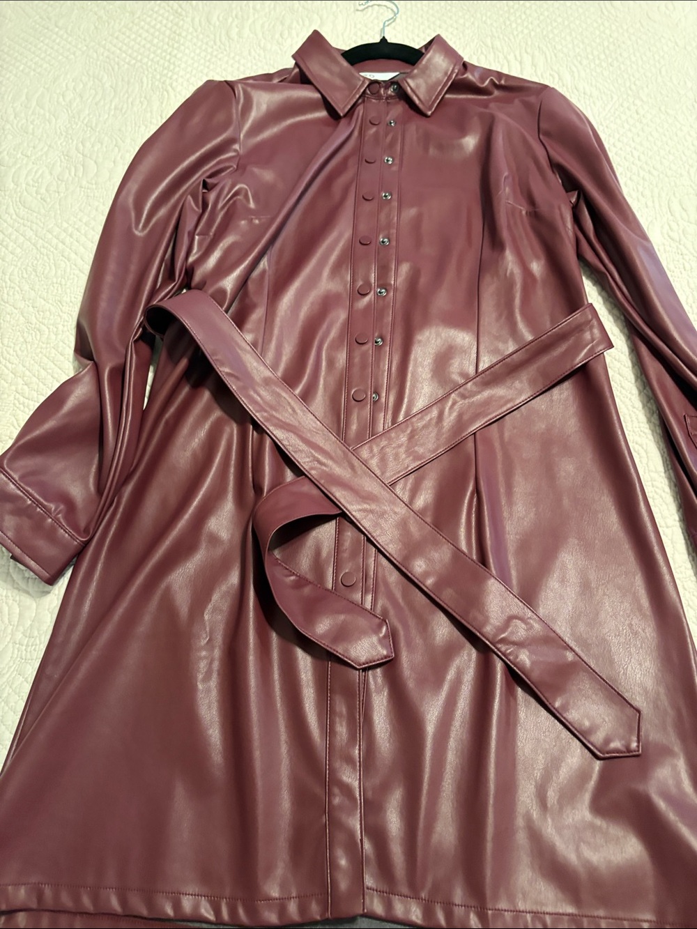 Women’s Faux Leather belted Shirt Dress in Deep Wine - burgundy colour